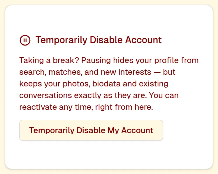 Settings → Account: Temporarily Disable My Account बटण