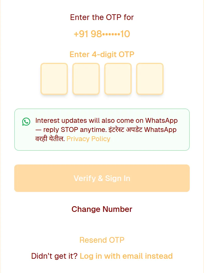 Code screen: enter the 4-digit code from WhatsApp, then tap Verify & Sign In