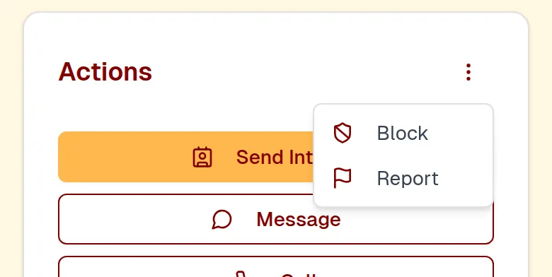 प्रोफाइलवरील सेफ्टी ऑप्शन्स (⋮) मेनू — Block आणि Report