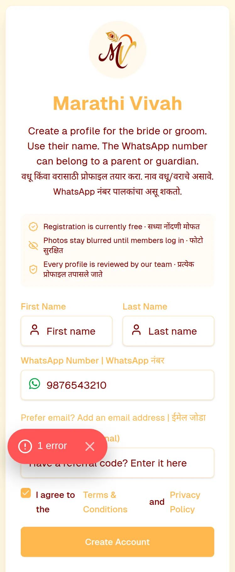 The MarathiVivah sign-up form: first and last name, WhatsApp number, and the Create Account button