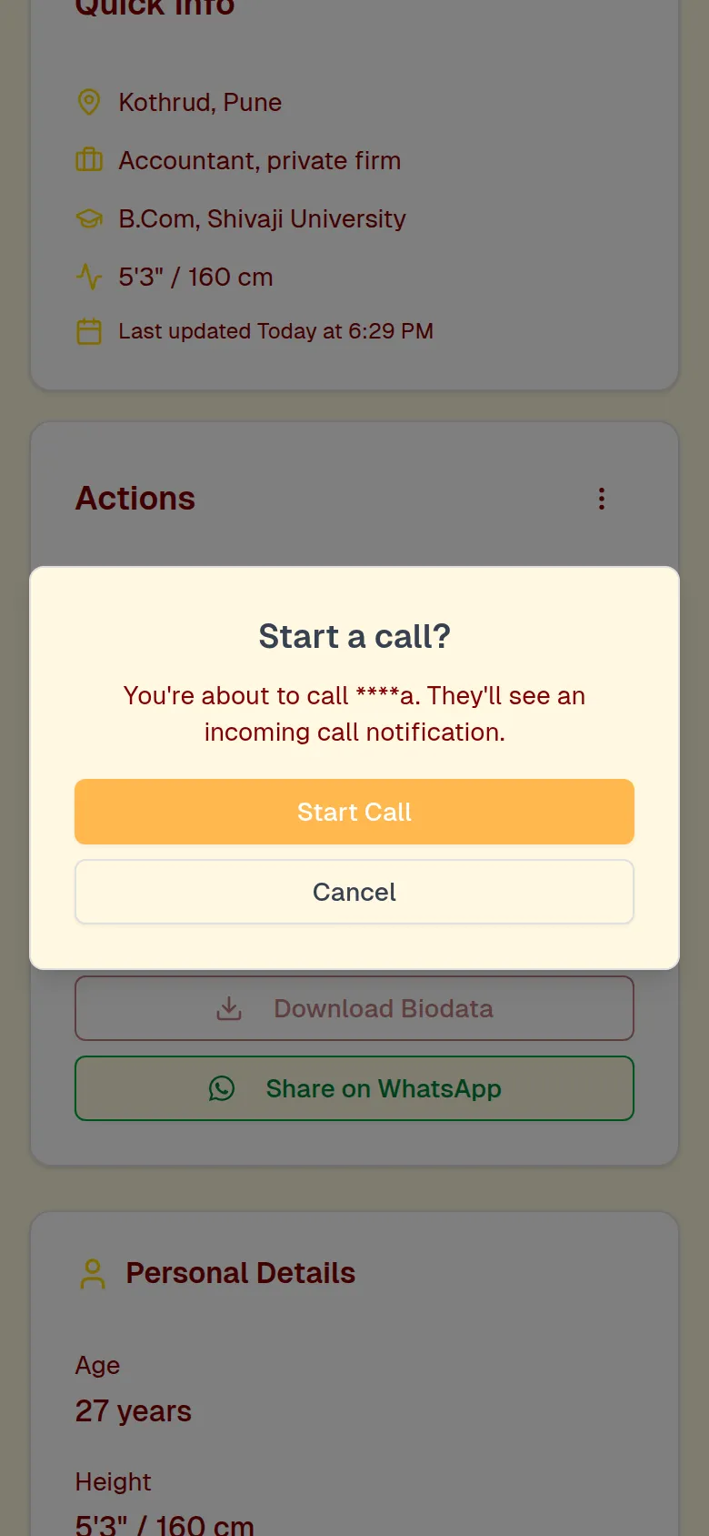 The Start a call? confirmation with the Start Call button